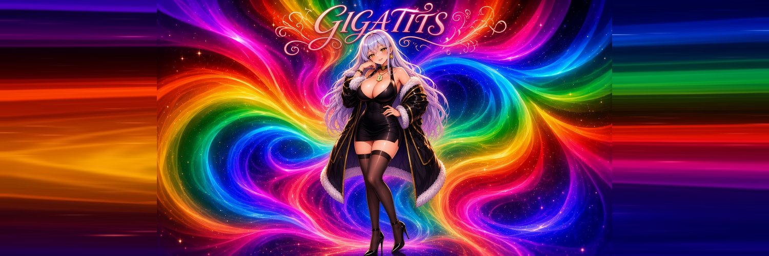 Giga Tits full-body banner: flirty blonde in pink bikini with rainbow tiara against a sparkling background, GIGATITS title